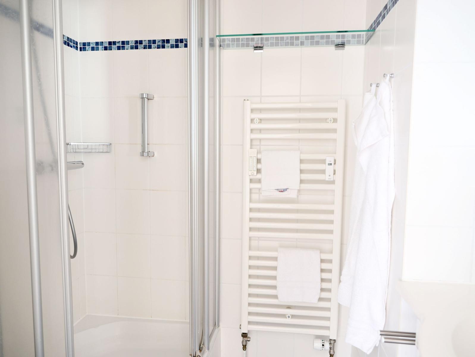 Dusche mit Glaswand, Handtuchhalter und Heizung