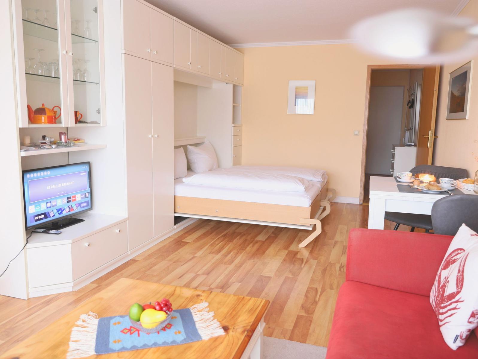 Wohnung mit Schlafgelegenheit, TV, Couch und Esstisch. Holzfußboden und helle Wände.