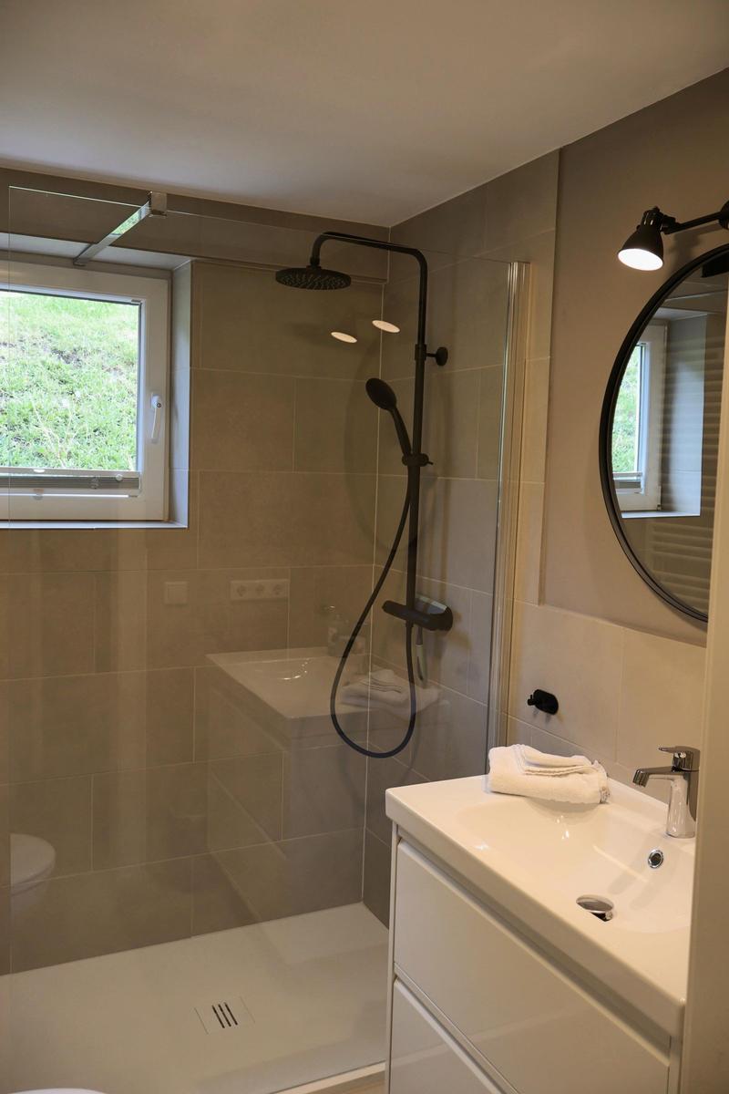 Dusche mit Duschbrause, Waschbecken und Spiegel. Fenster mit Blick auf Grün.