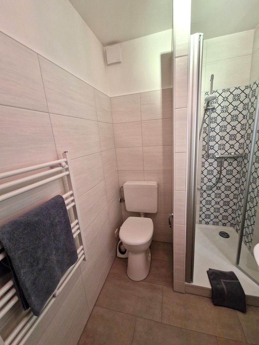Badezimmer mit Dusche, Toilette und Heizkörper mit Handtuch.