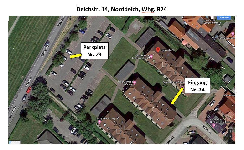 Satellitenbild zeigt Eingang und Parkplatz Nr. 24 an Deichstr. 14