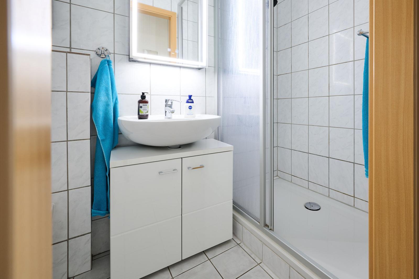 Badezimmer mit Dusche, Waschbecken und Spiegel. Blau getönte Handtücher hängen an der Wand.
