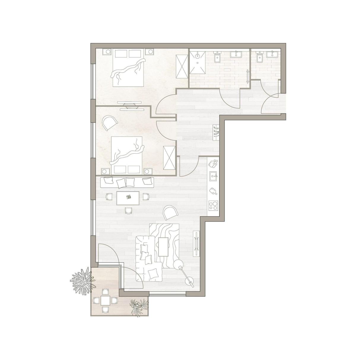 Diese Wohnung hat zwei Schlafzimmer, eine Küche, ein Bad und eine Terrasse.