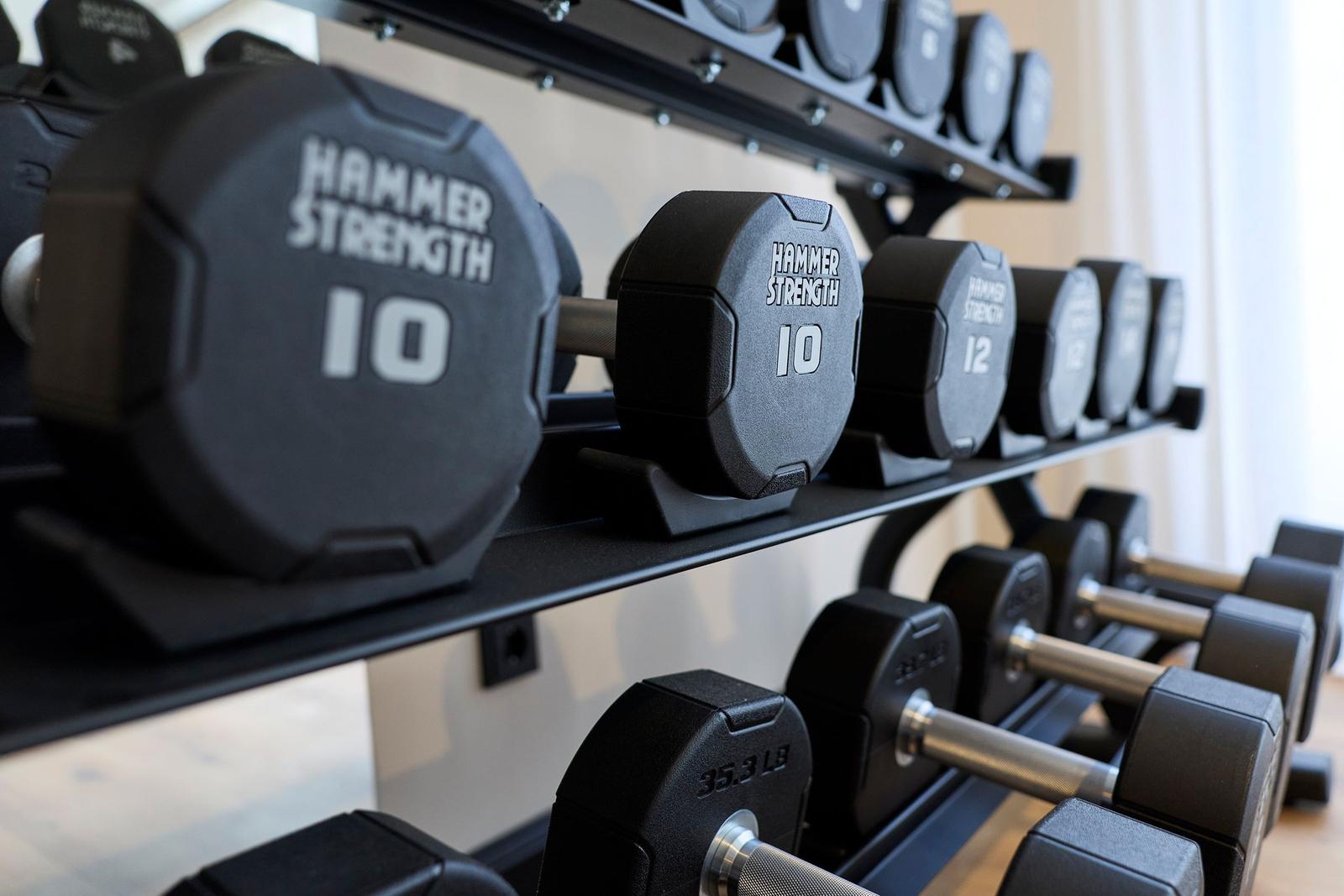 Schwarze Hanteln auf Regalen in einem Fitnessraum.