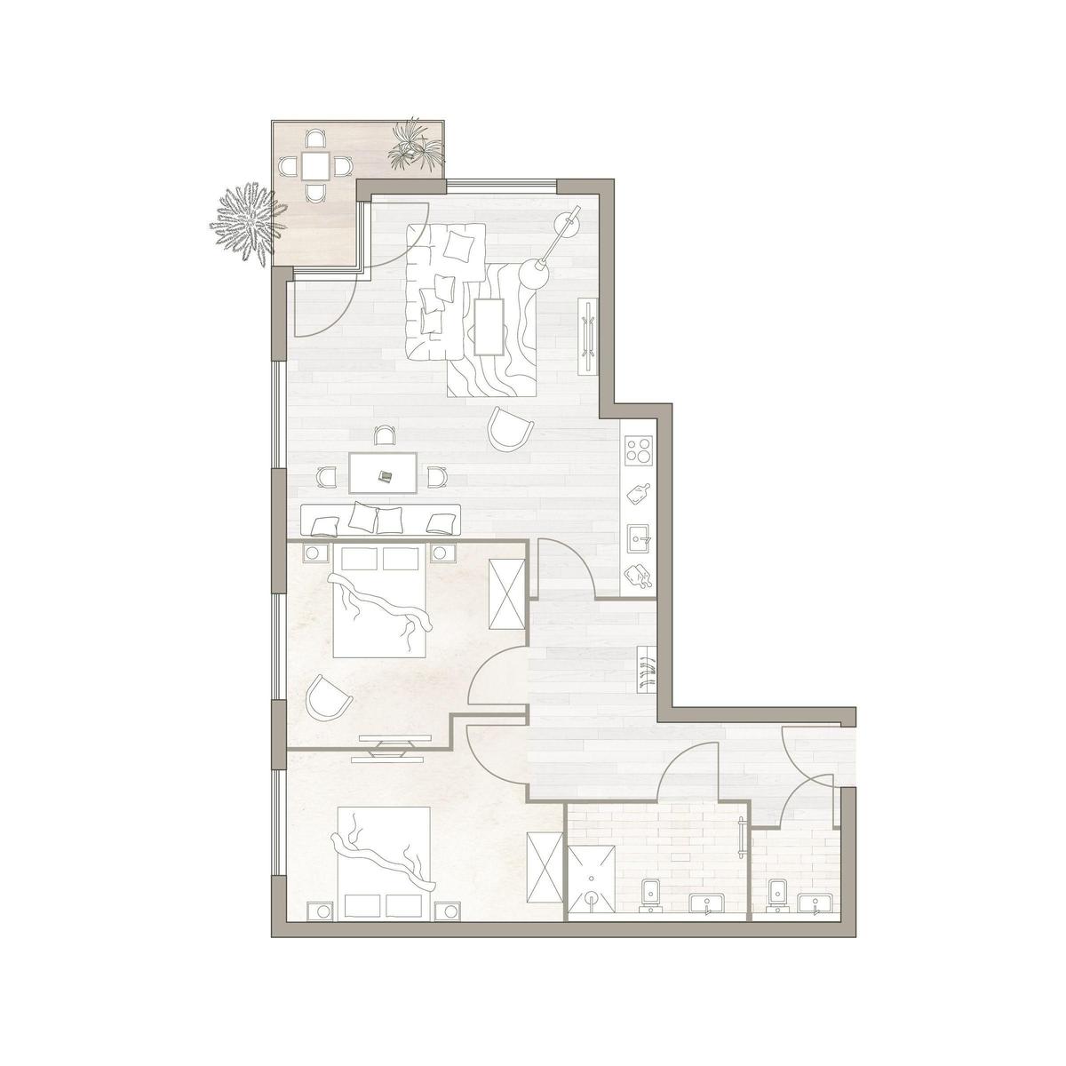 Diese Wohnung hat drei Schlafzimmer, eine Küche und zwei Badezimmer.