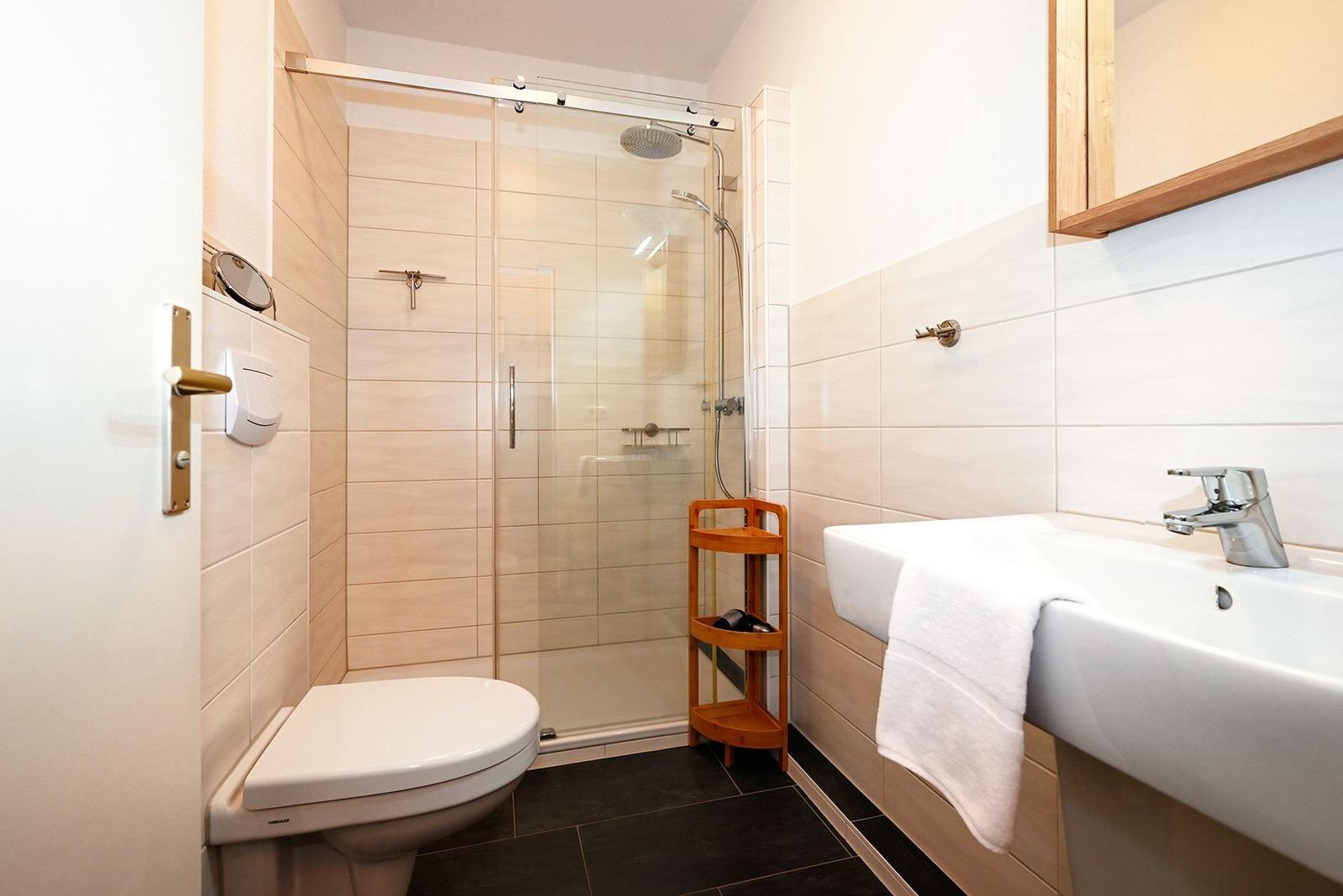 Badezimmer mit Dusche, Waschbecken und Toilette. Holzregal und Spiegel sind vorhanden.