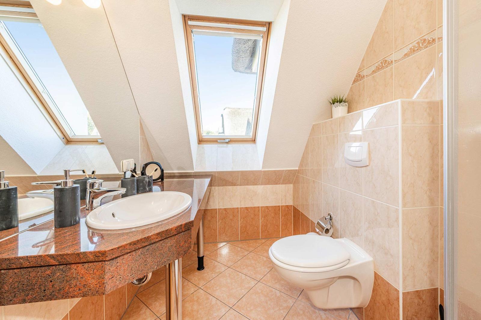 Badezimmer mit Dusche, Toilette und Waschbecken unter Dachfenstern.