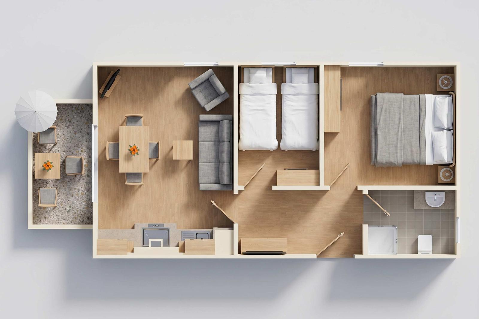 Wohnung mit Schlafzimmer, Küche und Bad. Außenbereich mit Tisch und Sonnenschirm.
