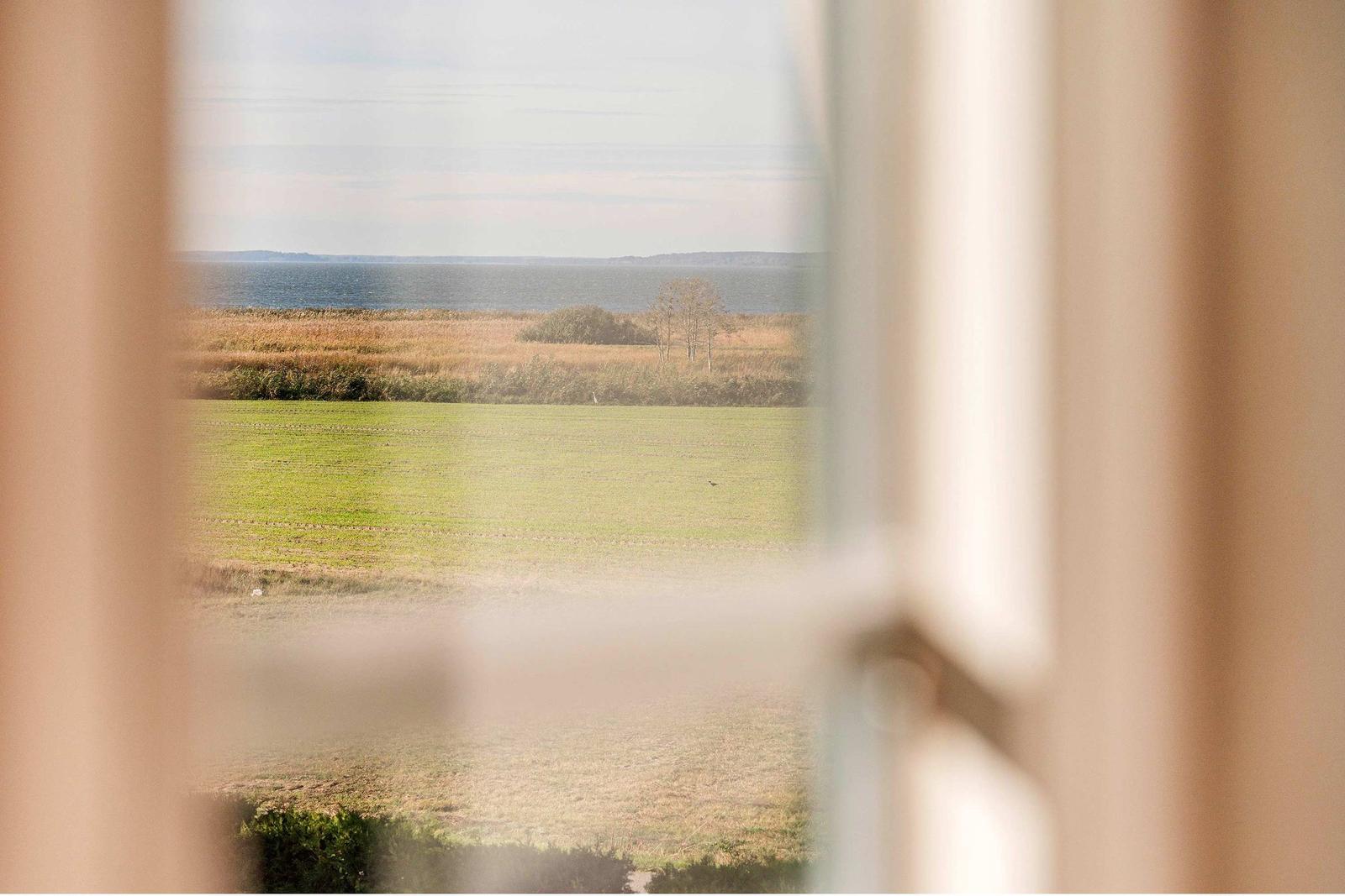 Durch ein Fenster blickt man auf ein grünes Feld und einen See.