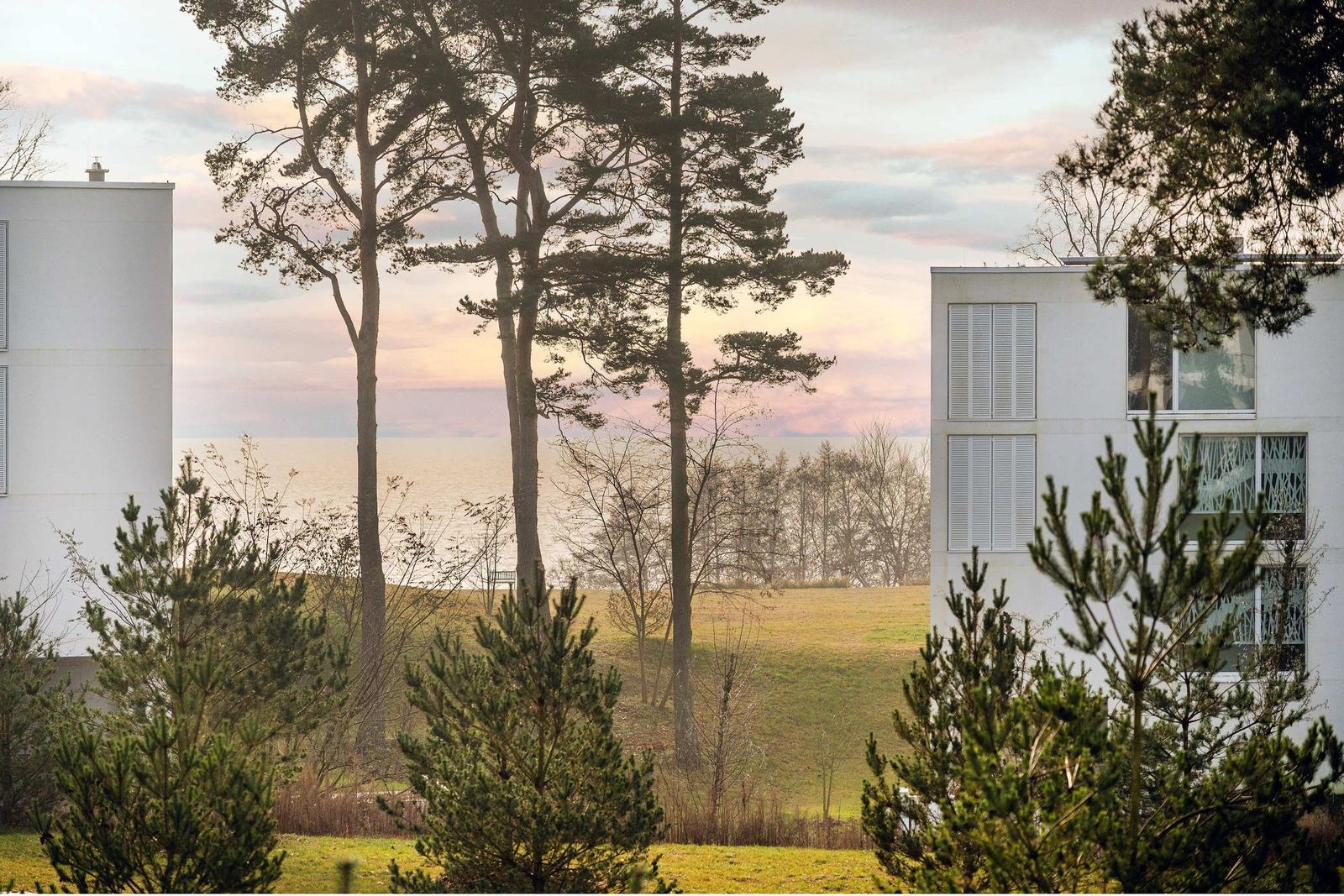 Modern building with view of lake and trees.