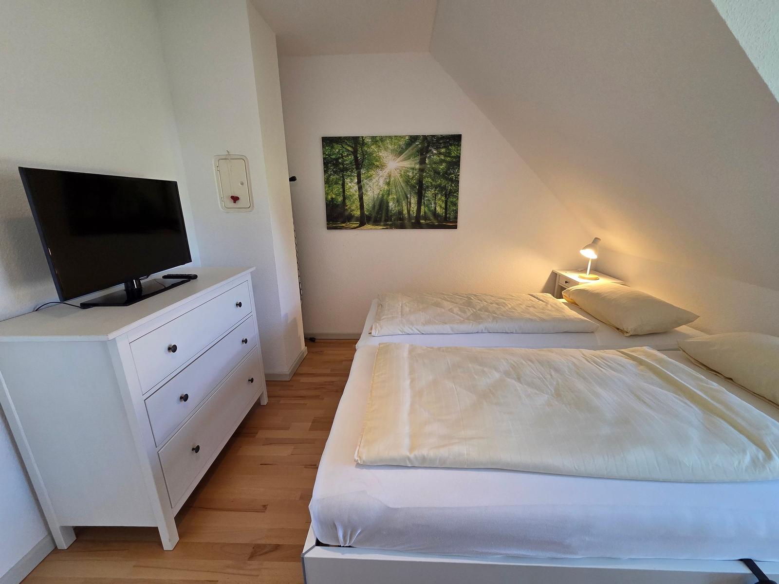 Schlafzimmer mit Doppelbett, Fernseher und Wandbild