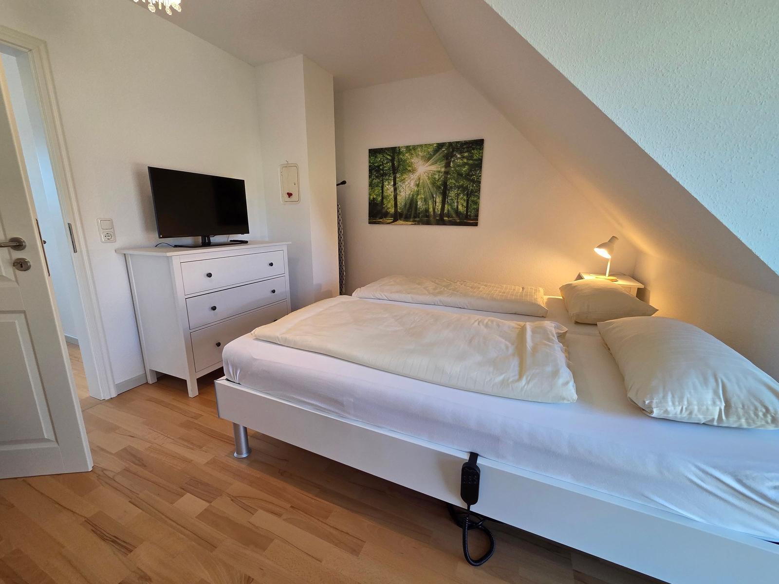 Schlafzimmer mit Doppelbett, Fernseher und Holzboden.