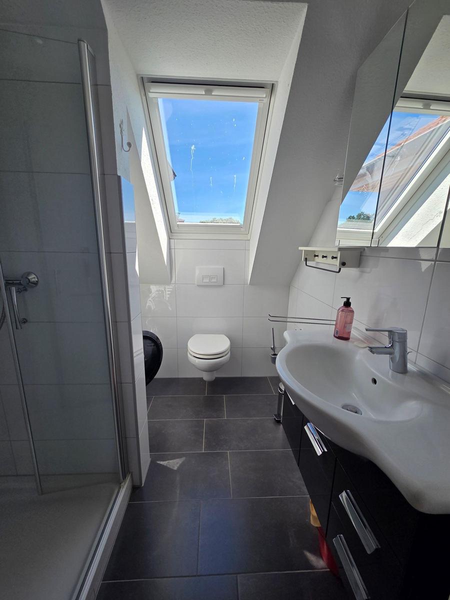 Badezimmer mit Dusche, Toilette und Waschbecken unter Dachfenster.