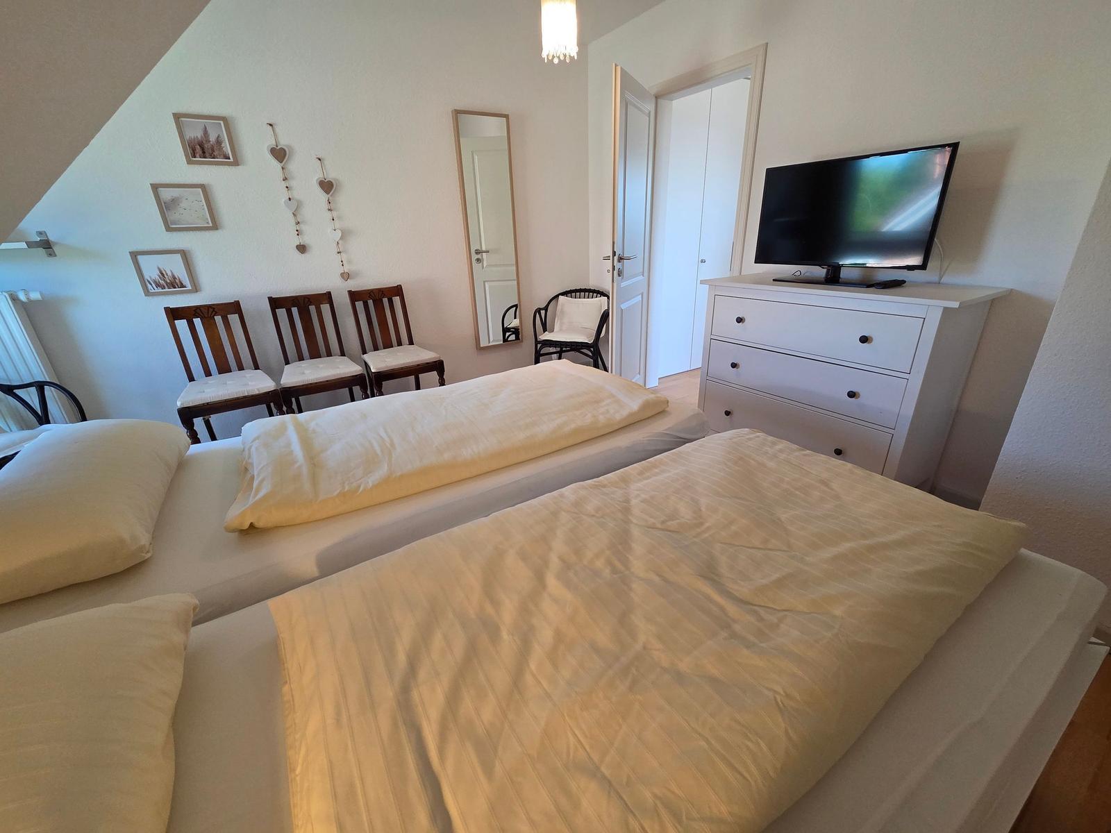 Zimmer mit zwei Betten, Fernseher und Stühlen an der Wand.