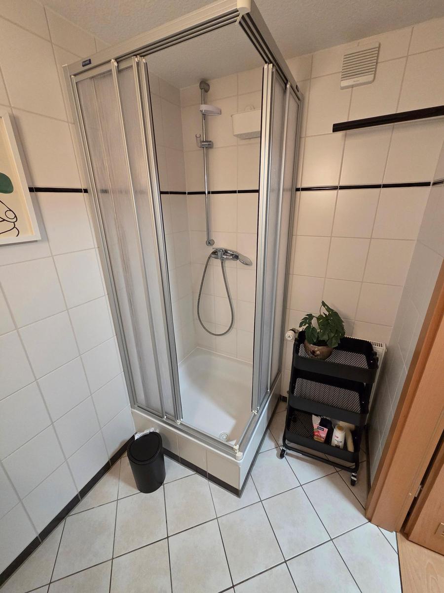Duschkabine mit Duschbrause, schwarzer Pflanzenwagen und Toilettenpapier