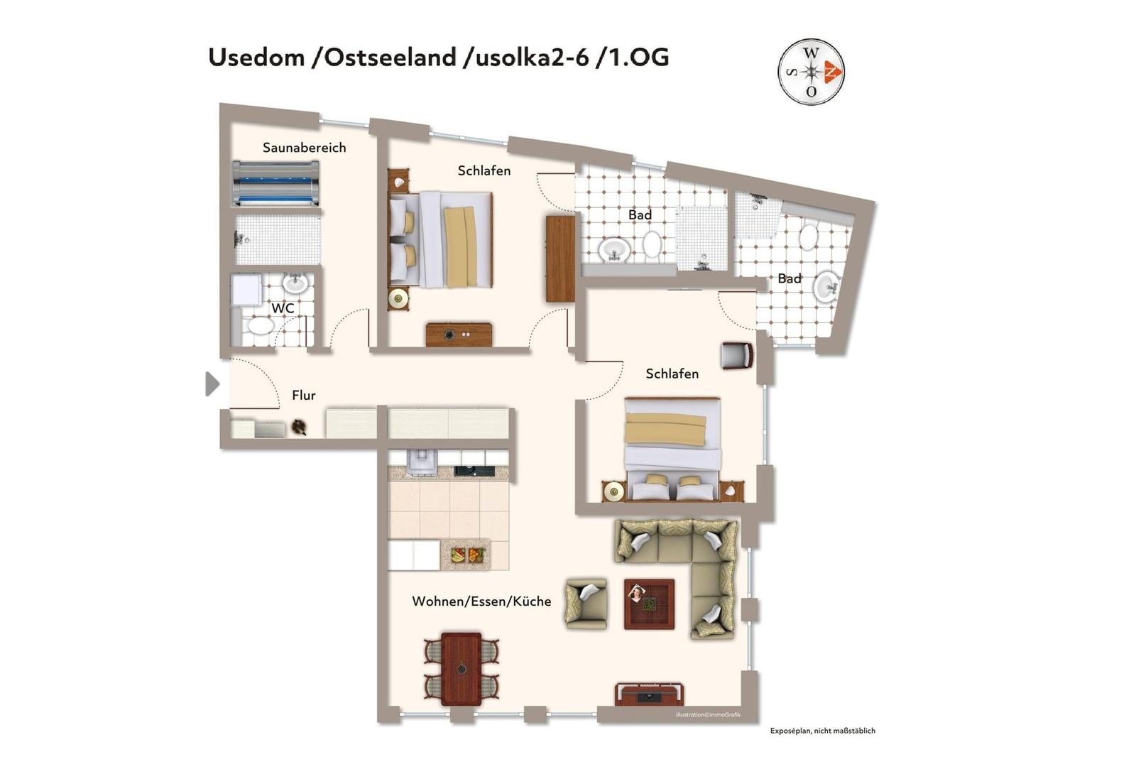 Dieses Apartment hat zwei Schlafzimmer, eine Küche und zwei Bäder.