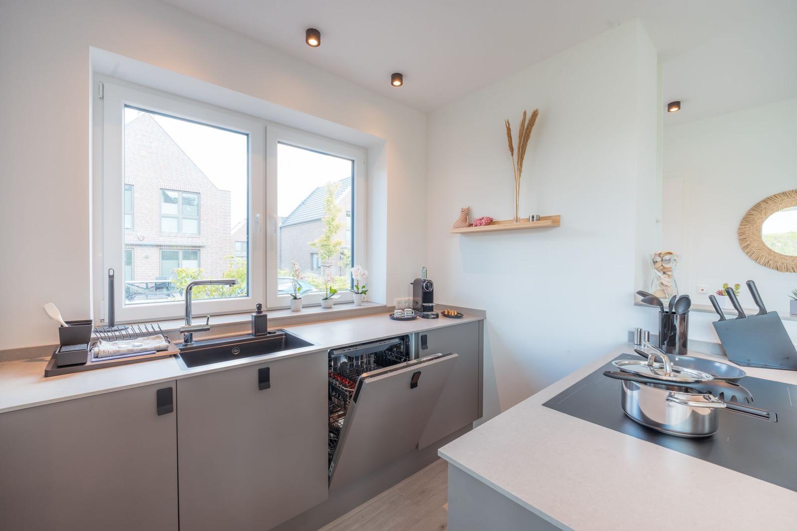 Moderne Küche mit Fenster, Spüle, Spülmaschine und Kochfeld.