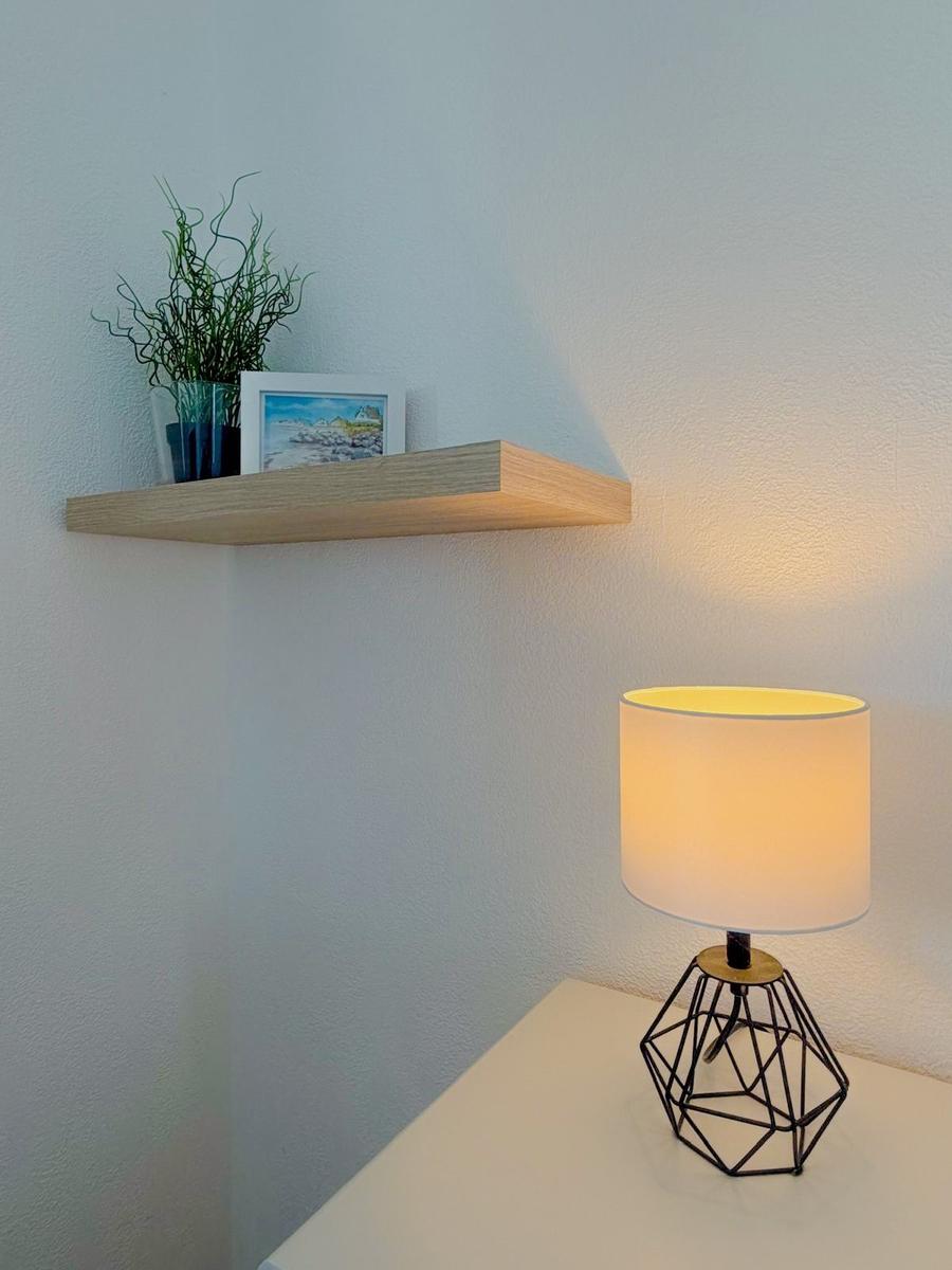 Tischlampe auf Nachttisch, Wandregal mit Pflanze und Bild.