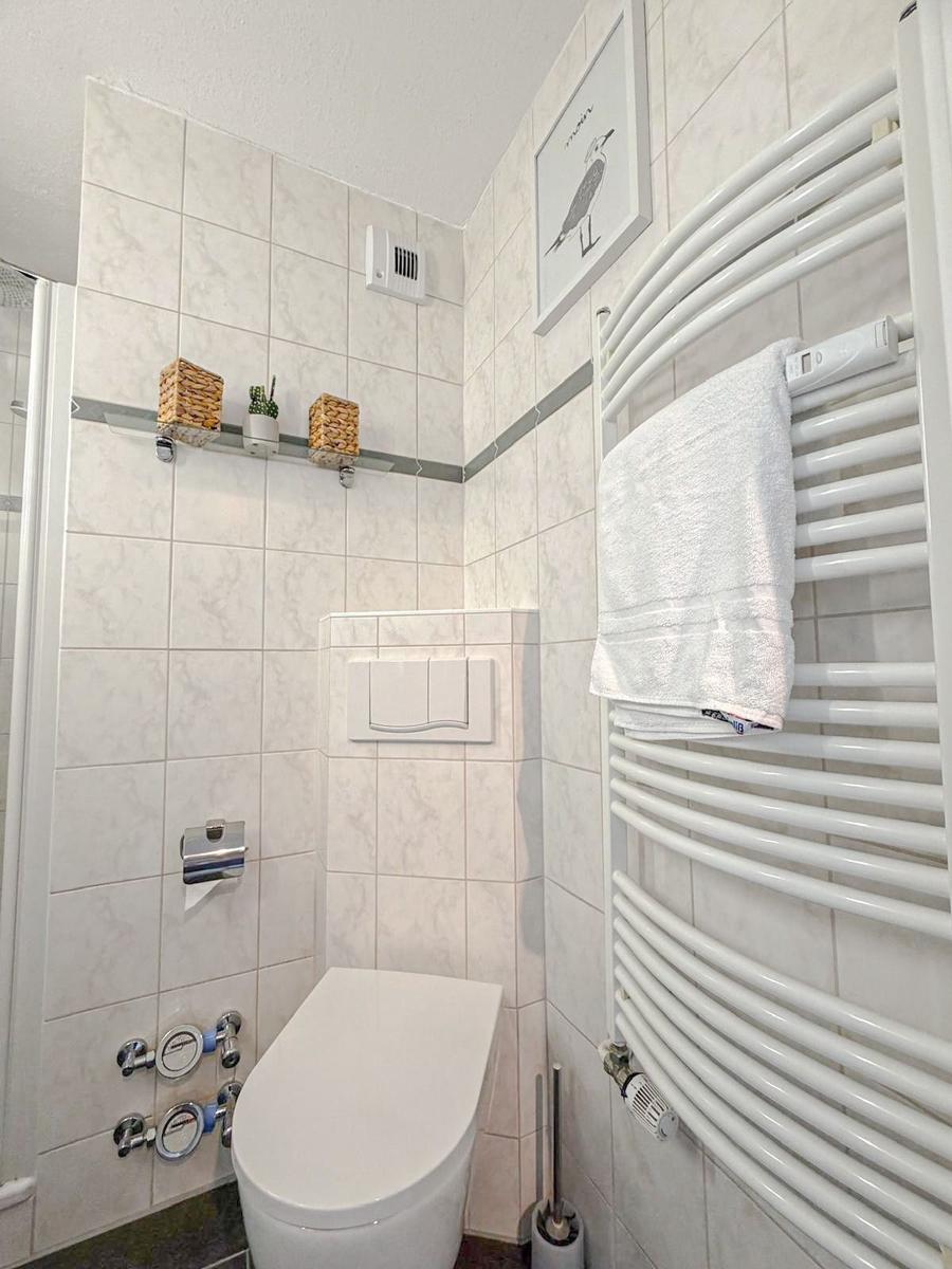 Badezimmer mit Toilette, Heizkörper und Duschbereich.
