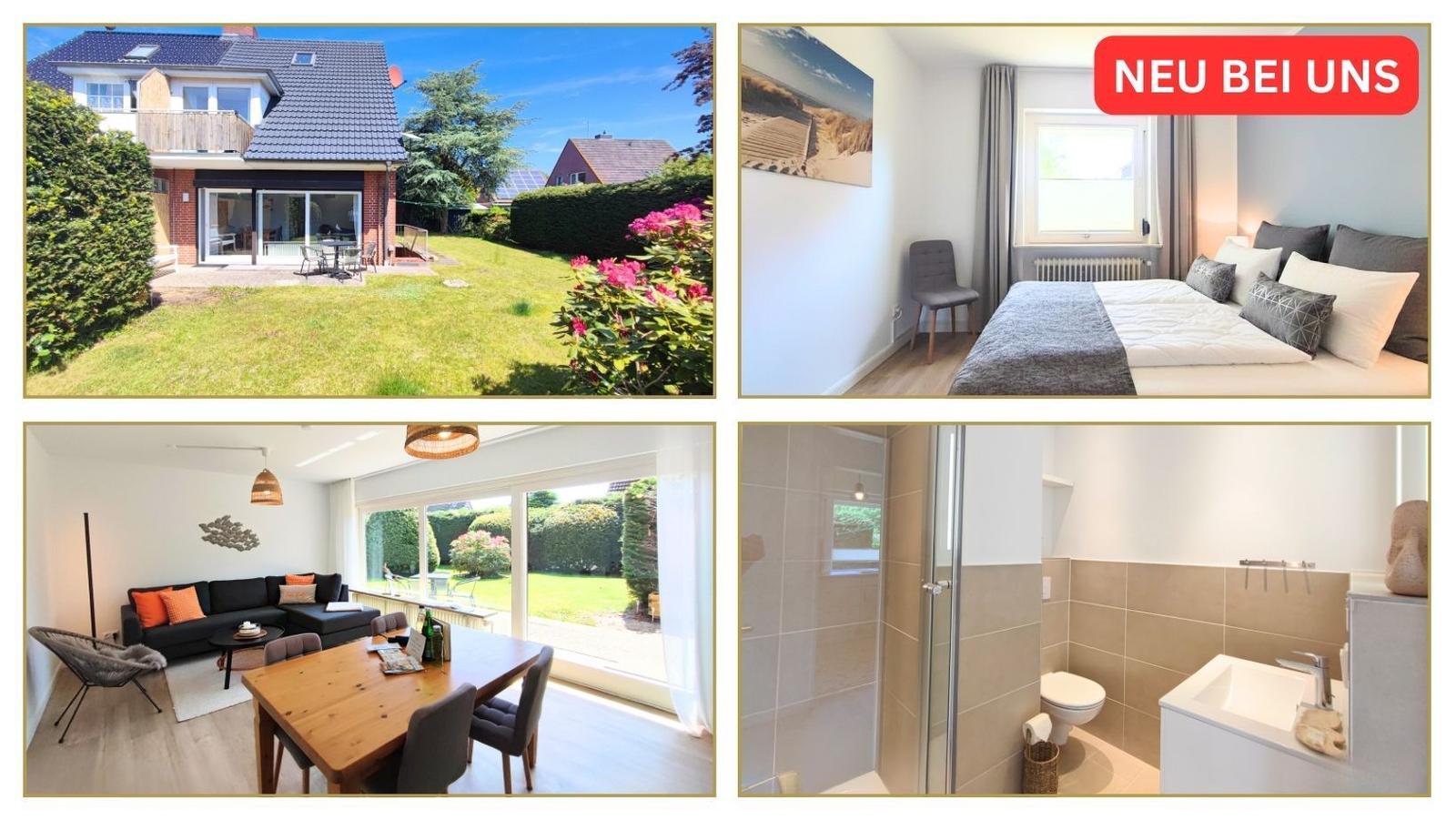 Haus mit Garten, Schlafzimmer, Essbereich und Bad. Neue Unterkunft.
