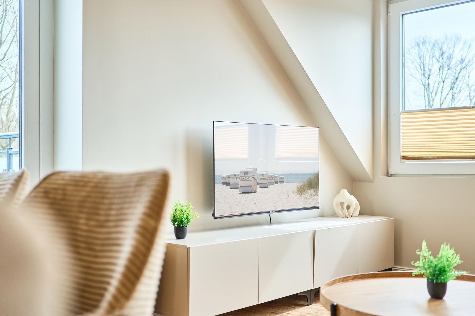 TV auf weißem Sideboard unter Dachschrägen mit Fenstern und Pflanzen