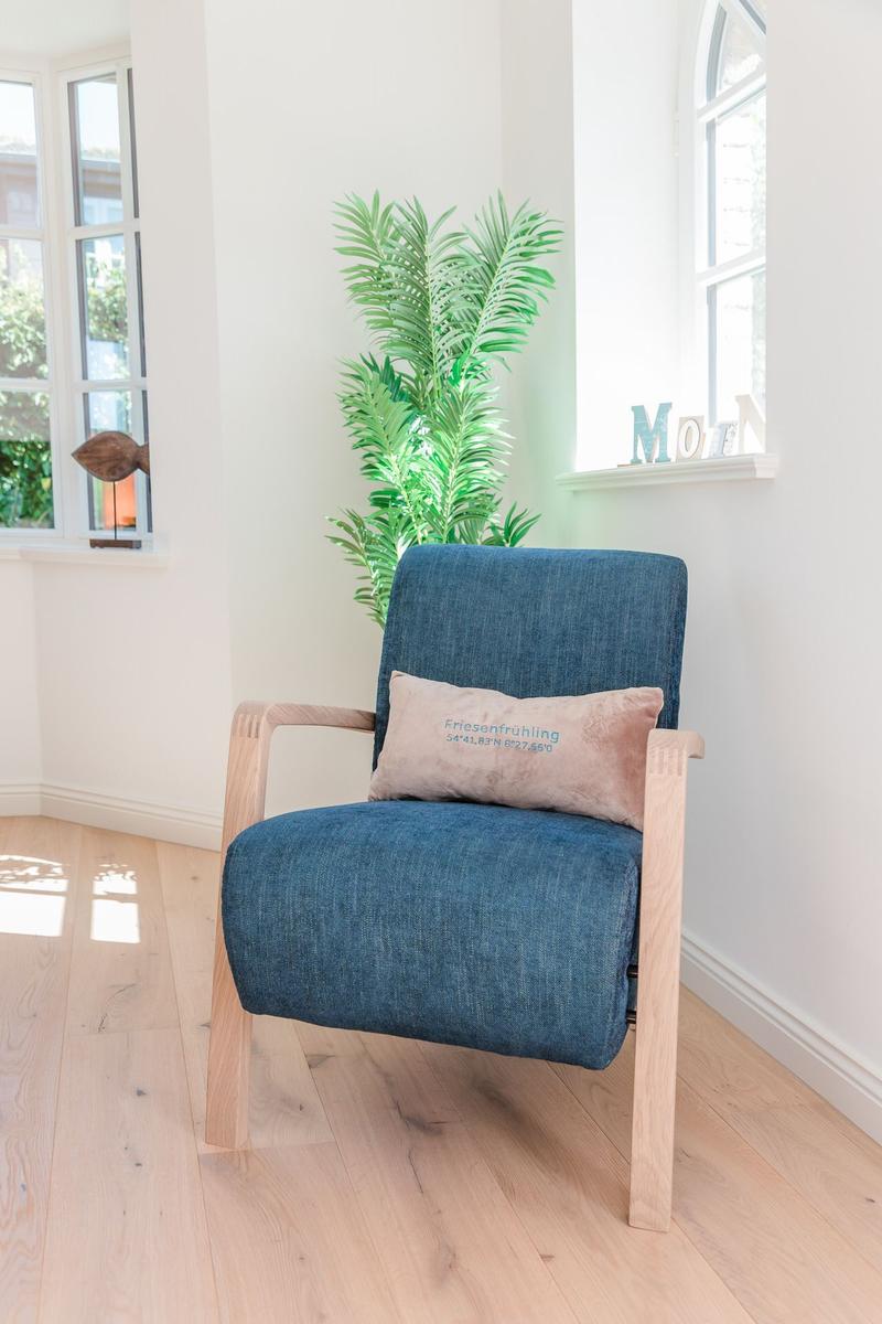 Blue armchair with pillow and plant near window