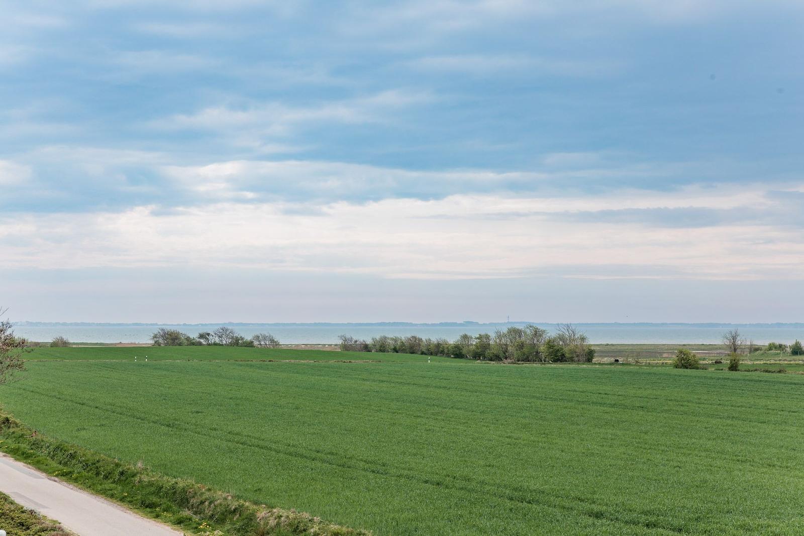 Weitläufiges Feld mit Blick auf einen See unter einem bewölkten Himmel.