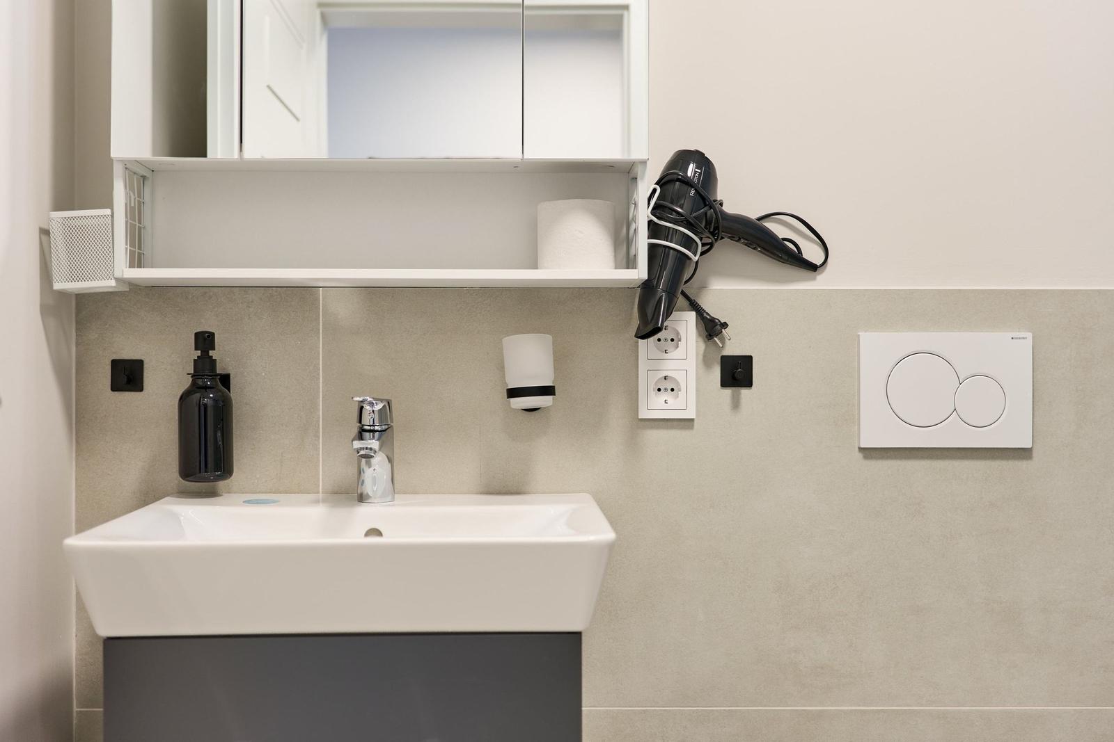 Bad mit Waschbecken, Spiegel, Haartrockner und Toilettenbedienung.