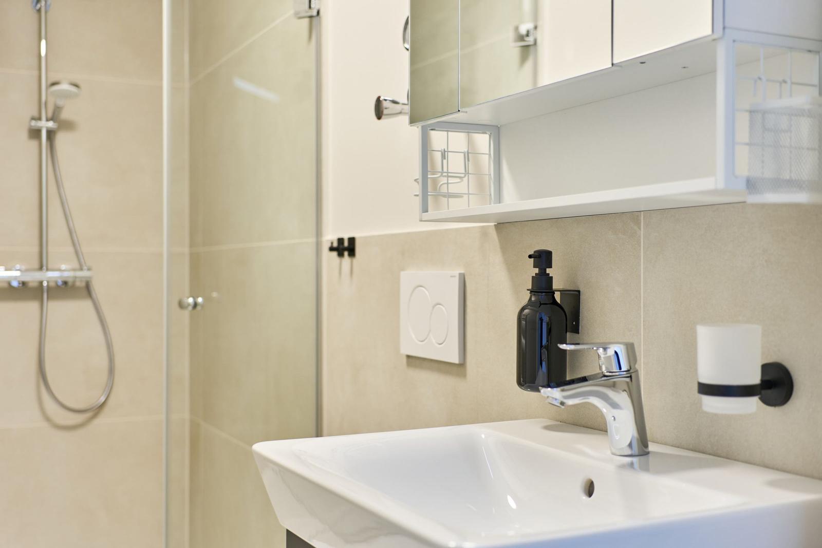 Badezimmer mit Dusche, Waschbecken und Spiegelschrank.