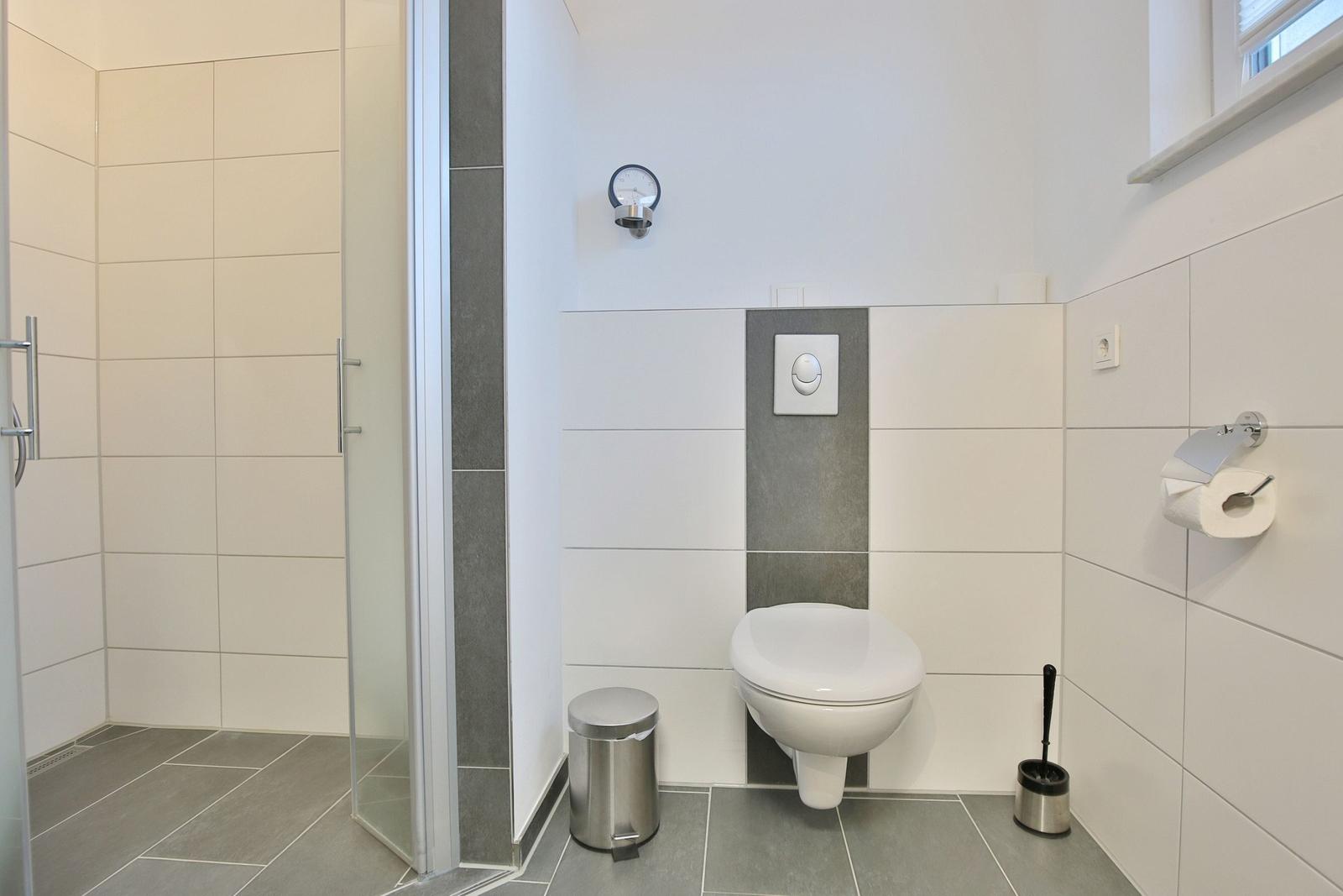Bad mit Dusche, WC und Toilettenpapierhalter.