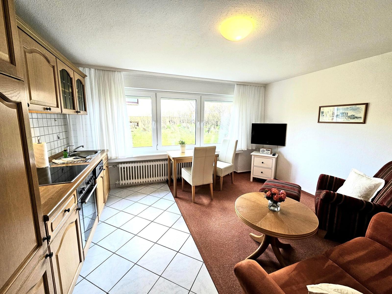 Kitchen with dining area and living room with sofa, TV, and windows.