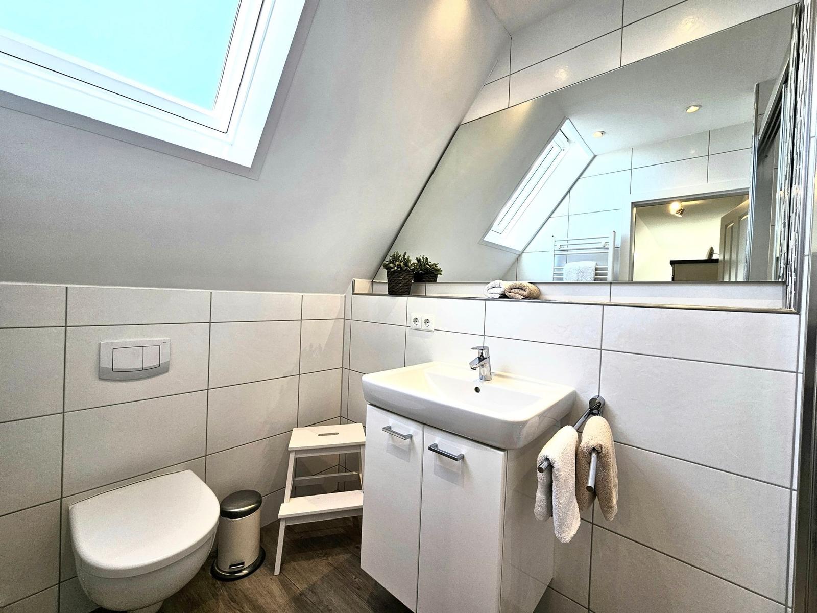 Badezimmer mit Dachfenster, Waschbecken, Spiegel und Toilette.