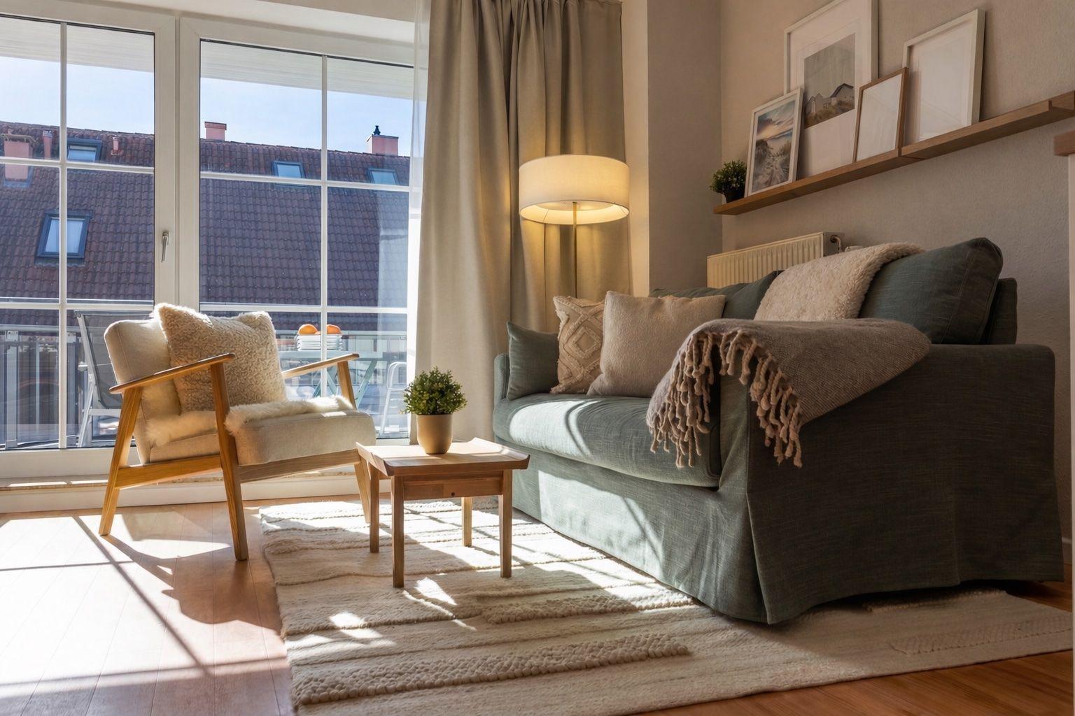 Ein Wohnzimmer mit Sofa, Sessel, Tisch und Fenster zur Terrasse.