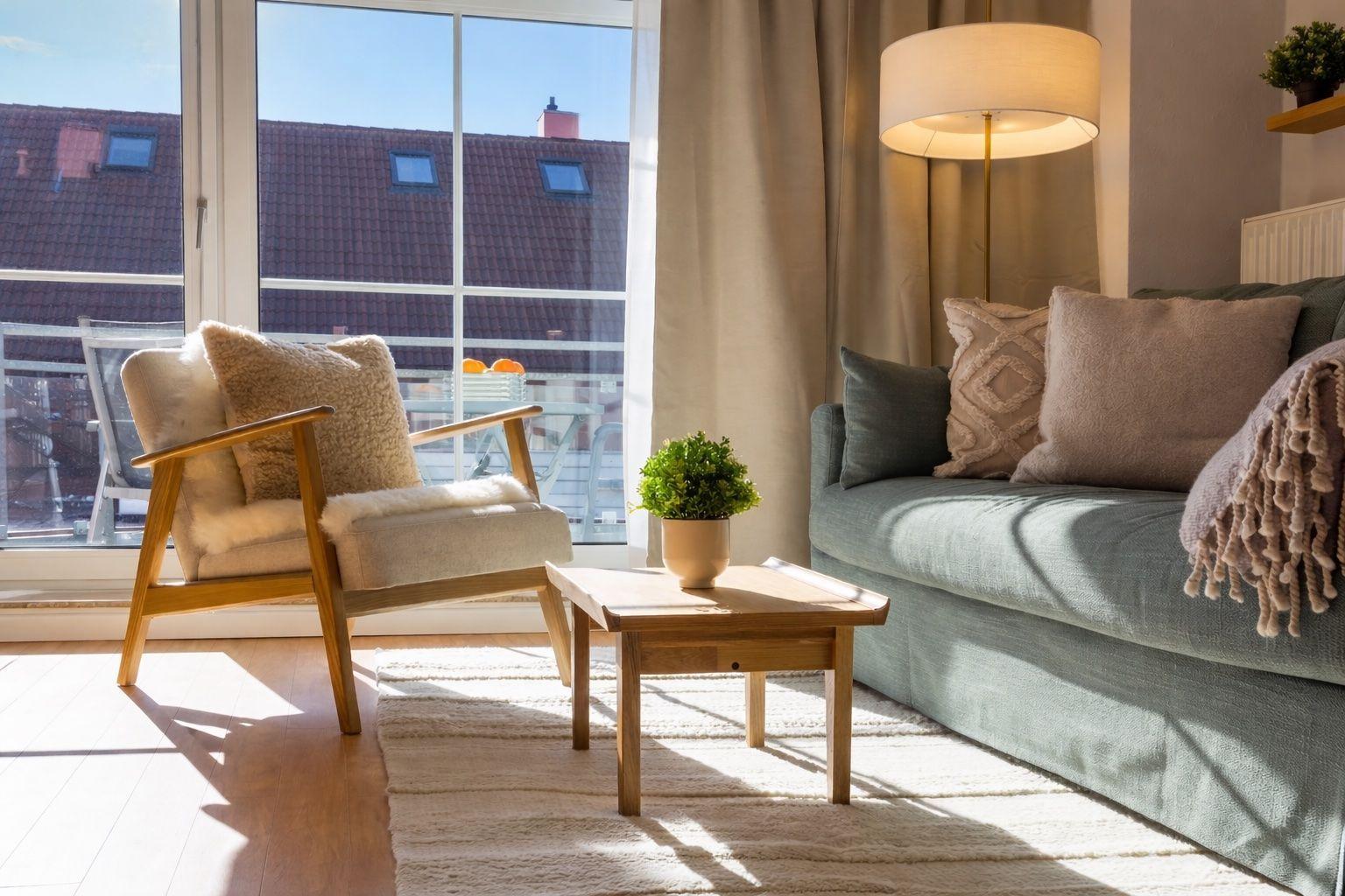 Wohnzimmer mit Sofa, Sessel, Tisch und Pflanze. Große Fenster mit Blick auf Balkon.