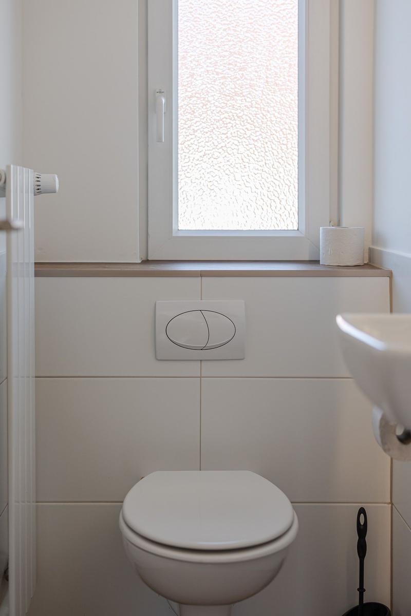 Toilette mit Fenster und WC-Betätigung in weißer Wandverkleidung