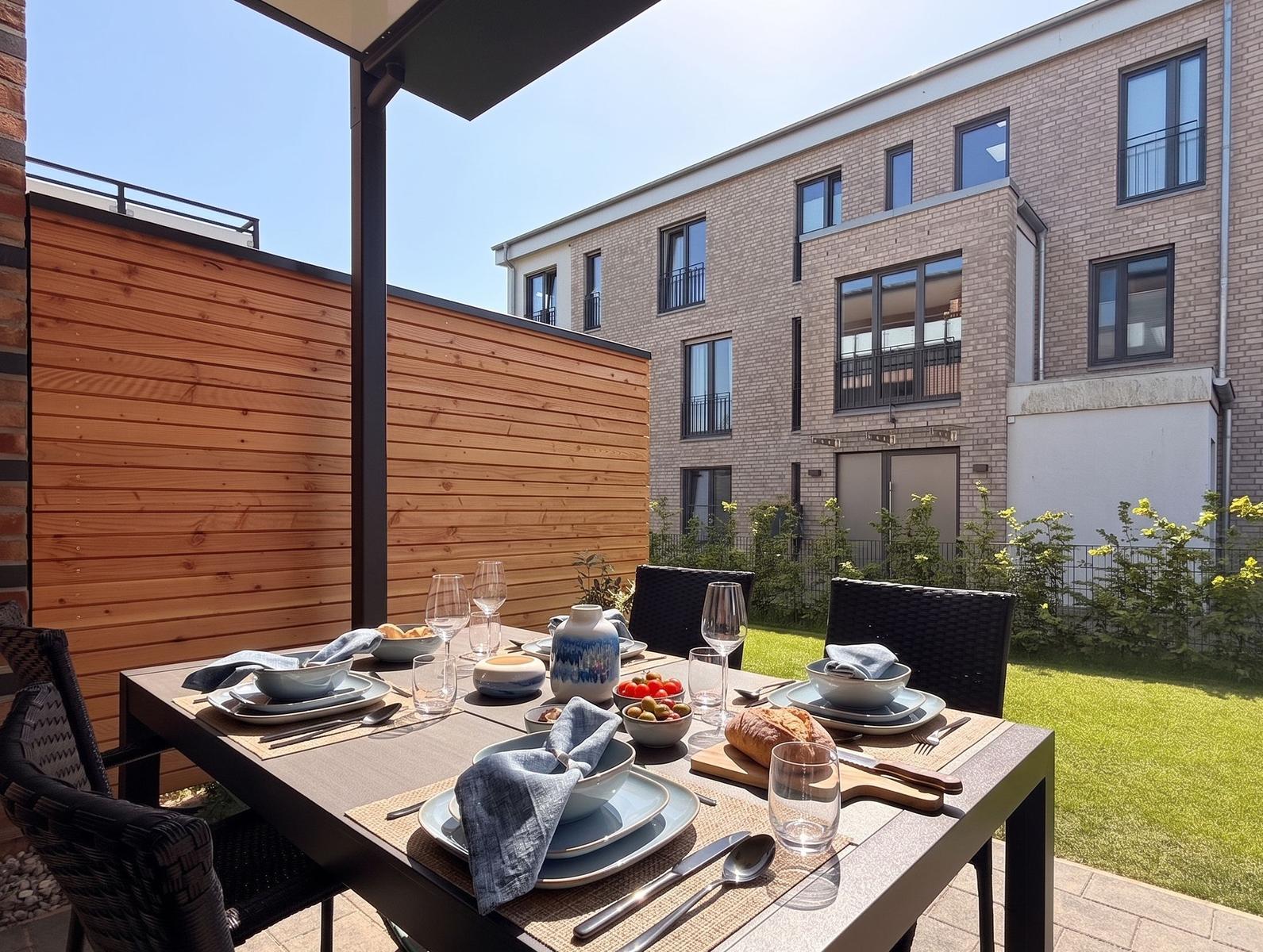Gartenbereich mit gedecktem Tisch und Sitzgelegenheiten. Hintergrund: modernes Gebäude mit Fenstern.
