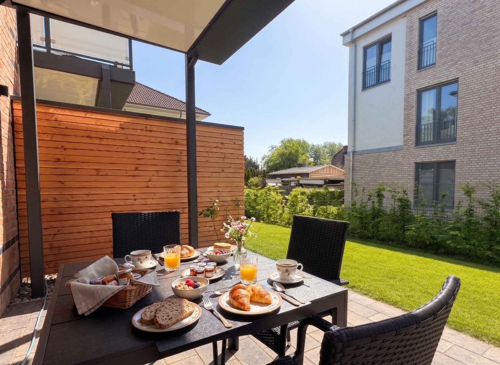 Terrasse mit Frühstückstablett, Sitzgelegenheiten und Blick auf grünen Garten.