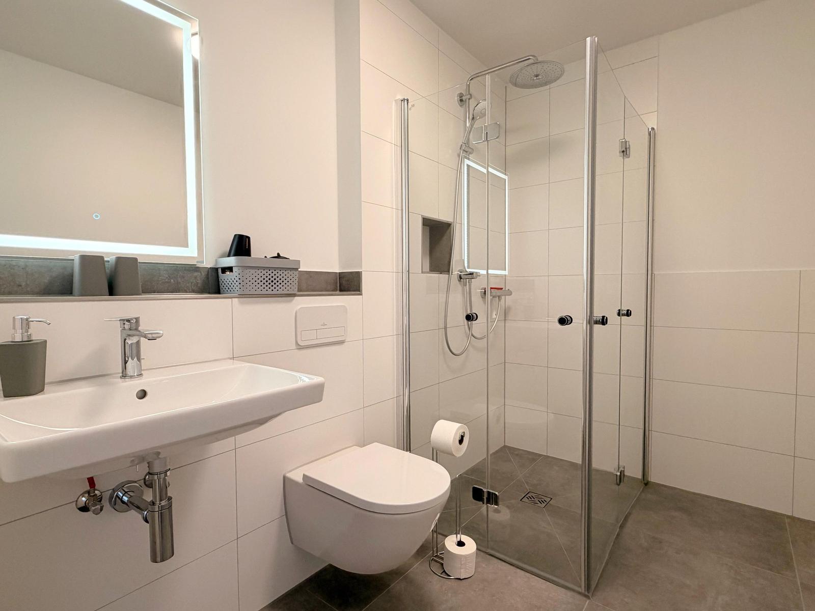 Moderne Badezimmer mit Dusche, Waschbecken und Toilette