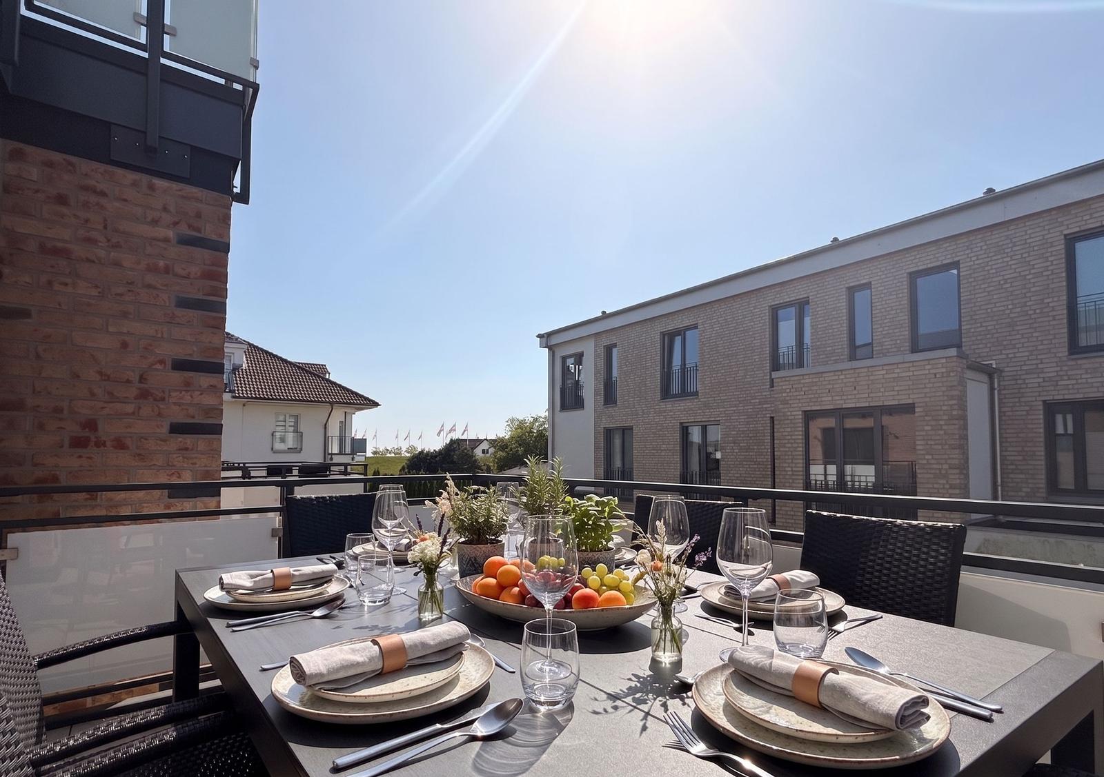 Terrasse mit gedecktem Tisch, Obstschale und Sitzgelegenheiten. Blick auf moderne Gebäude und klare Himmel.