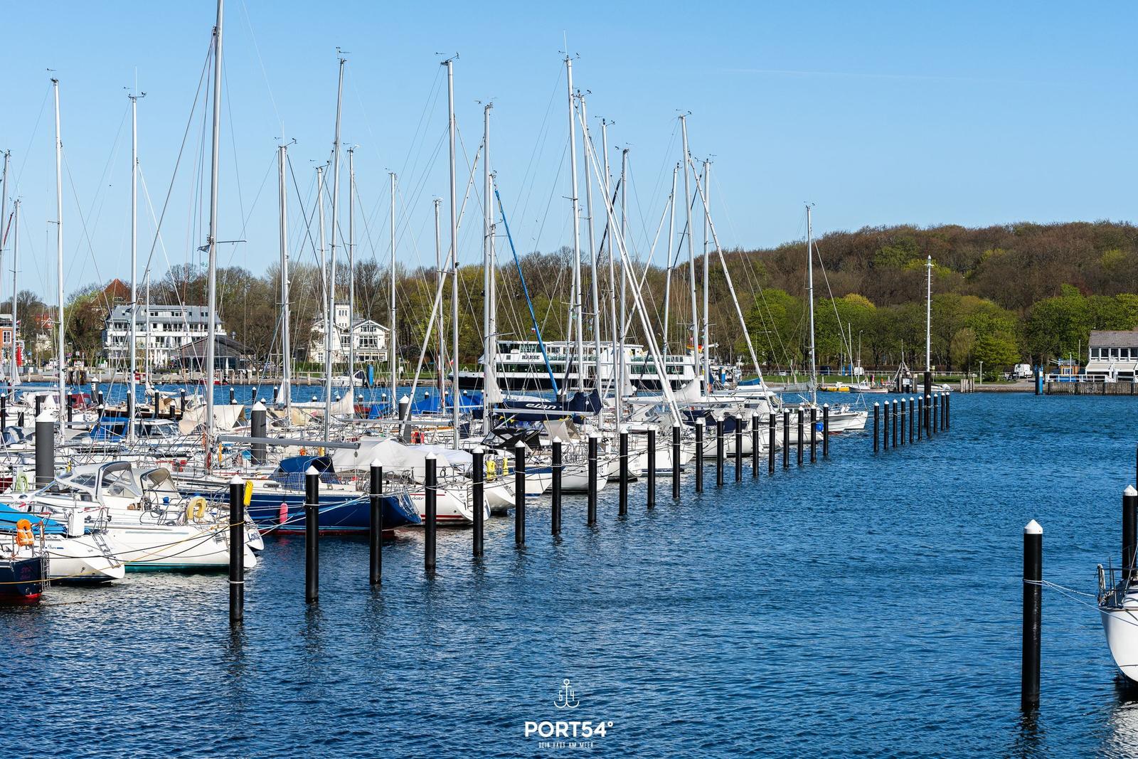 Hafen mit vielen Segelyachten und Booten. Hintergrund: Bäume und Gebäude.