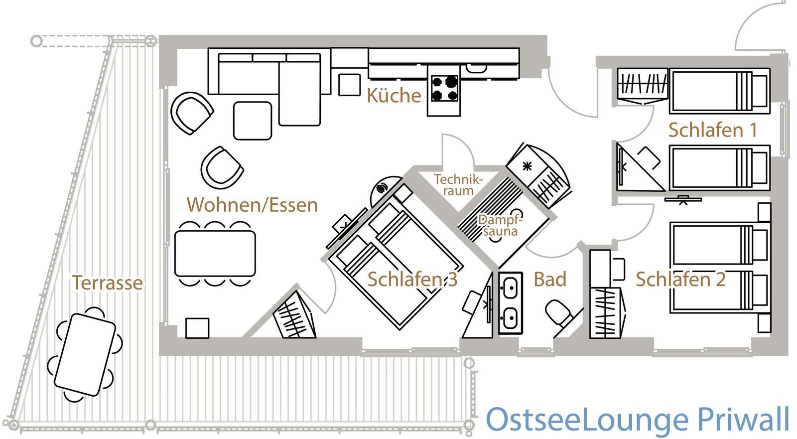Die Wohnung hat drei Schlafzimmer, eine Küche, Wohnbereich, Sauna und Terrasse.