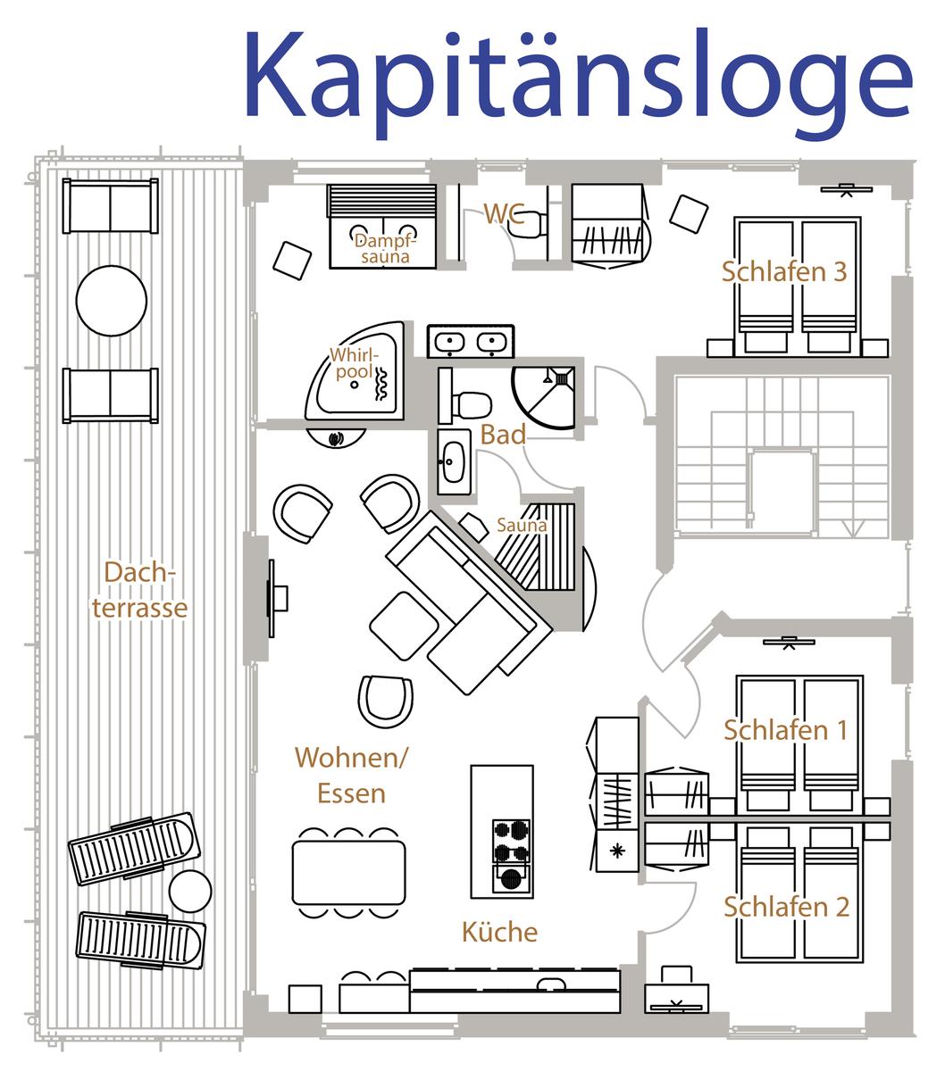 Kapitänsloge mit Dachterrasse, Sauna, Whirlpool und drei Schlafzimmern.