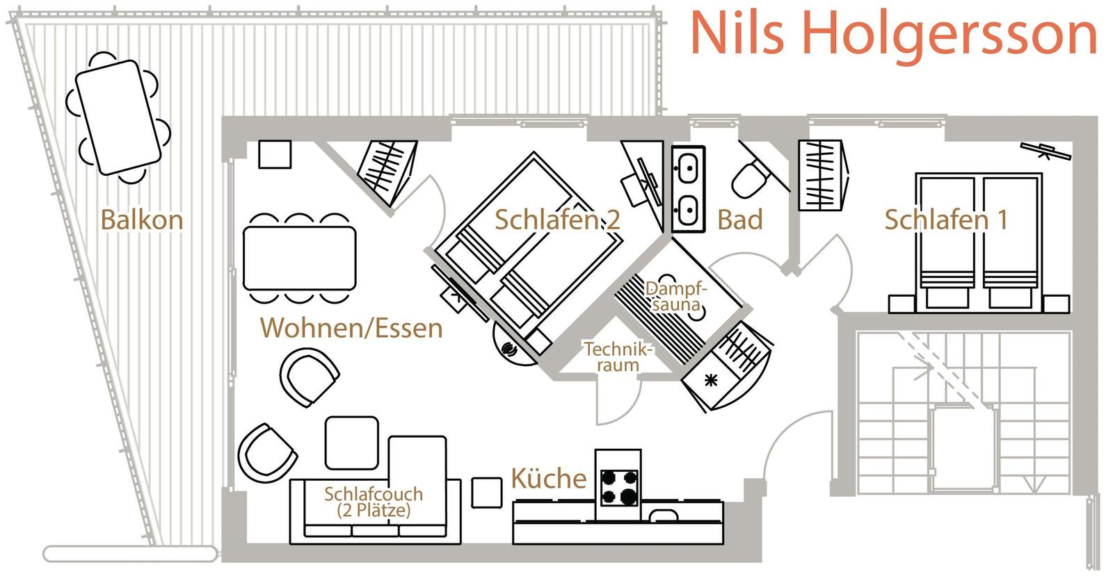 Apartment with bedrooms, kitchen, bathroom, and balcony. Steam sauna and sleeper sofa included.