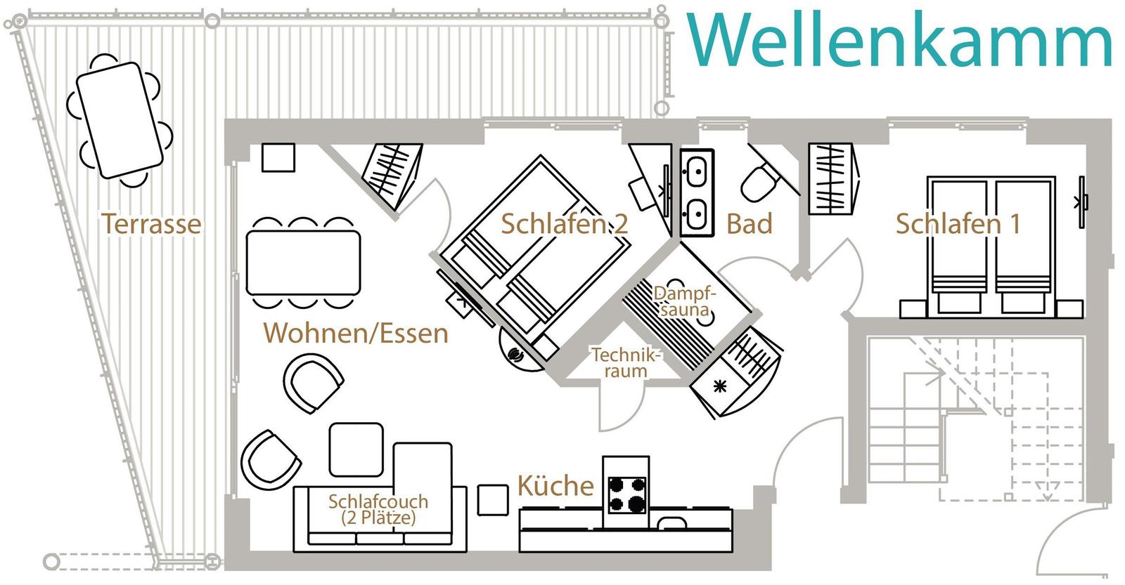 Wohnung mit Terrasse, Küche, Schlafzimmer und Dampfsauna. Technikraum und Bad vorhanden.