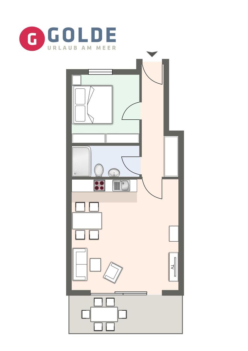 Einfamilienhaus mit Küche, Bad und Schlafzimmer. Wohn- und Essbereich mit TV.