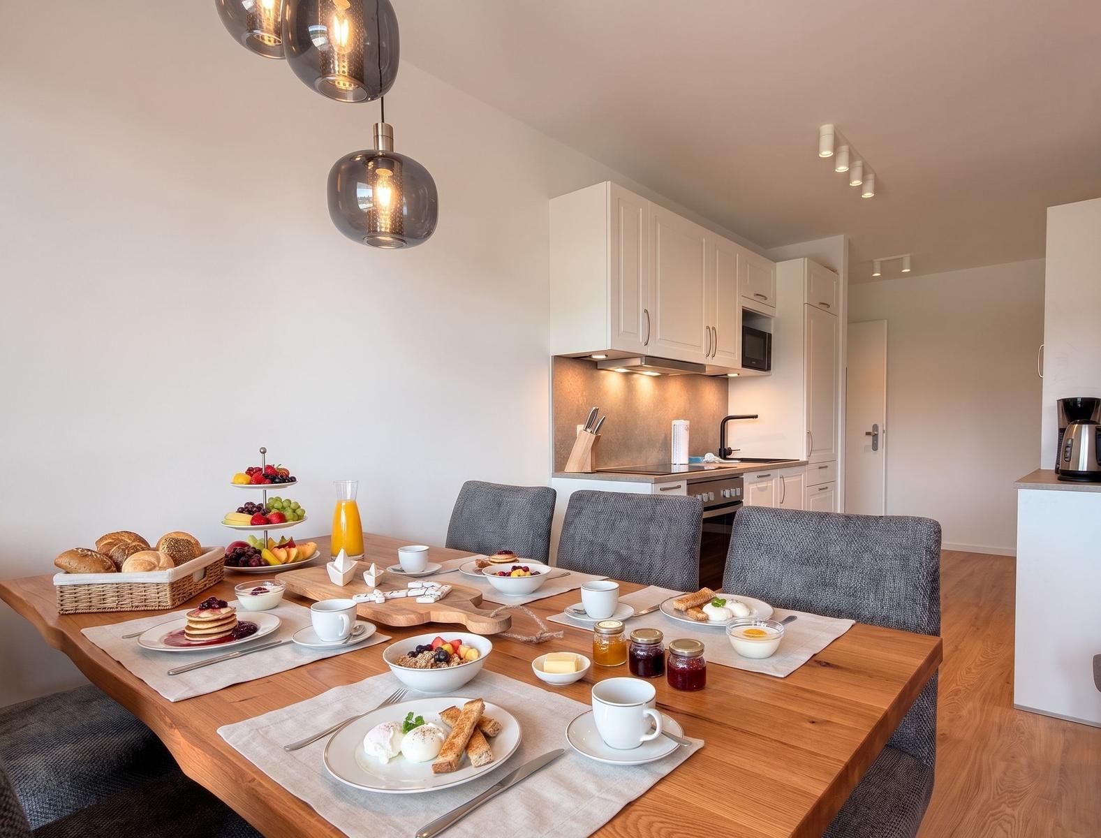 Frühstückstablett mit Obst, Brötchen und Getränken auf Holztisch