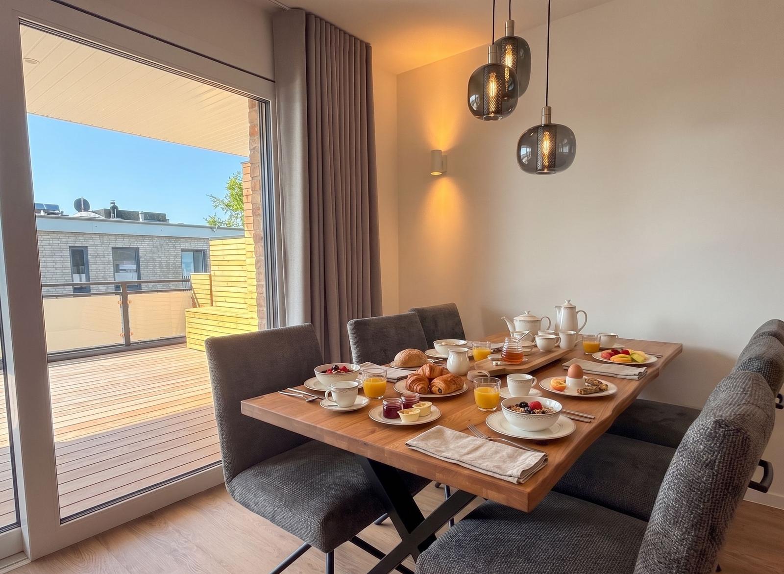 Esstisch mit Frühstück und Blick auf die Terrasse