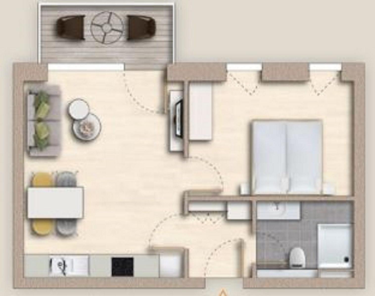 Dieses Apartment hat eine Küche, ein Schlafzimmer, ein Bad und einen Essbereich.