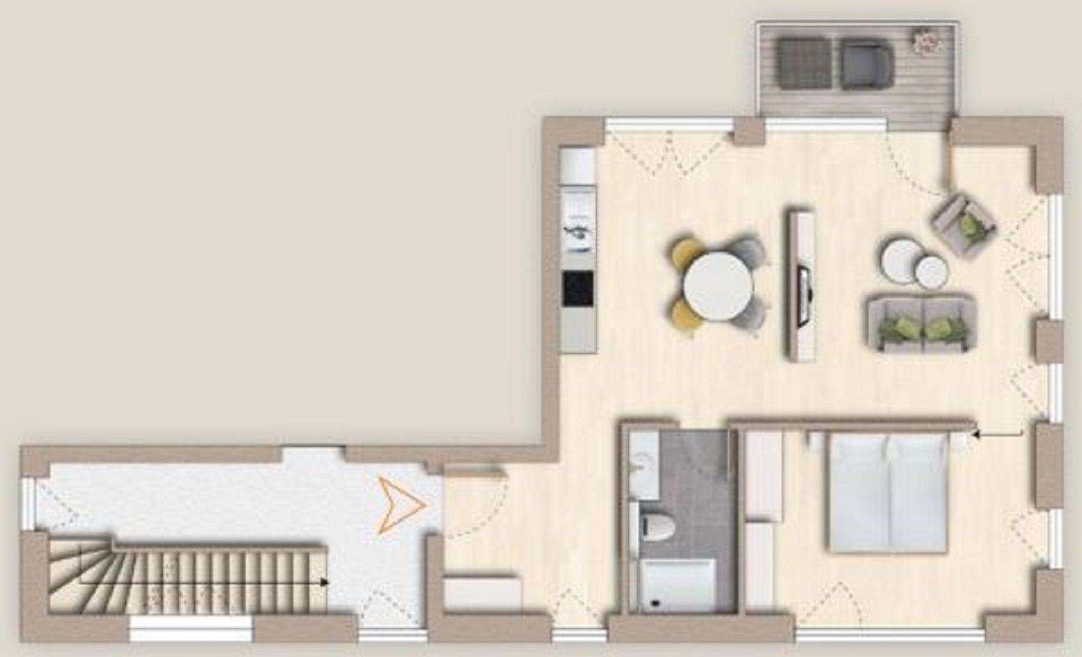 Wohnung mit Küche, Essbereich, Schlafzimmer und Bad. Treppenhaus führt nach oben.