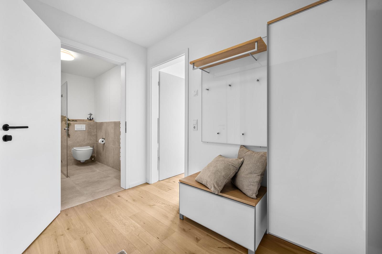 Eingangsbereich mit Schuhschrank, Spiegel und Toilettenbereich im Hintergrund.
